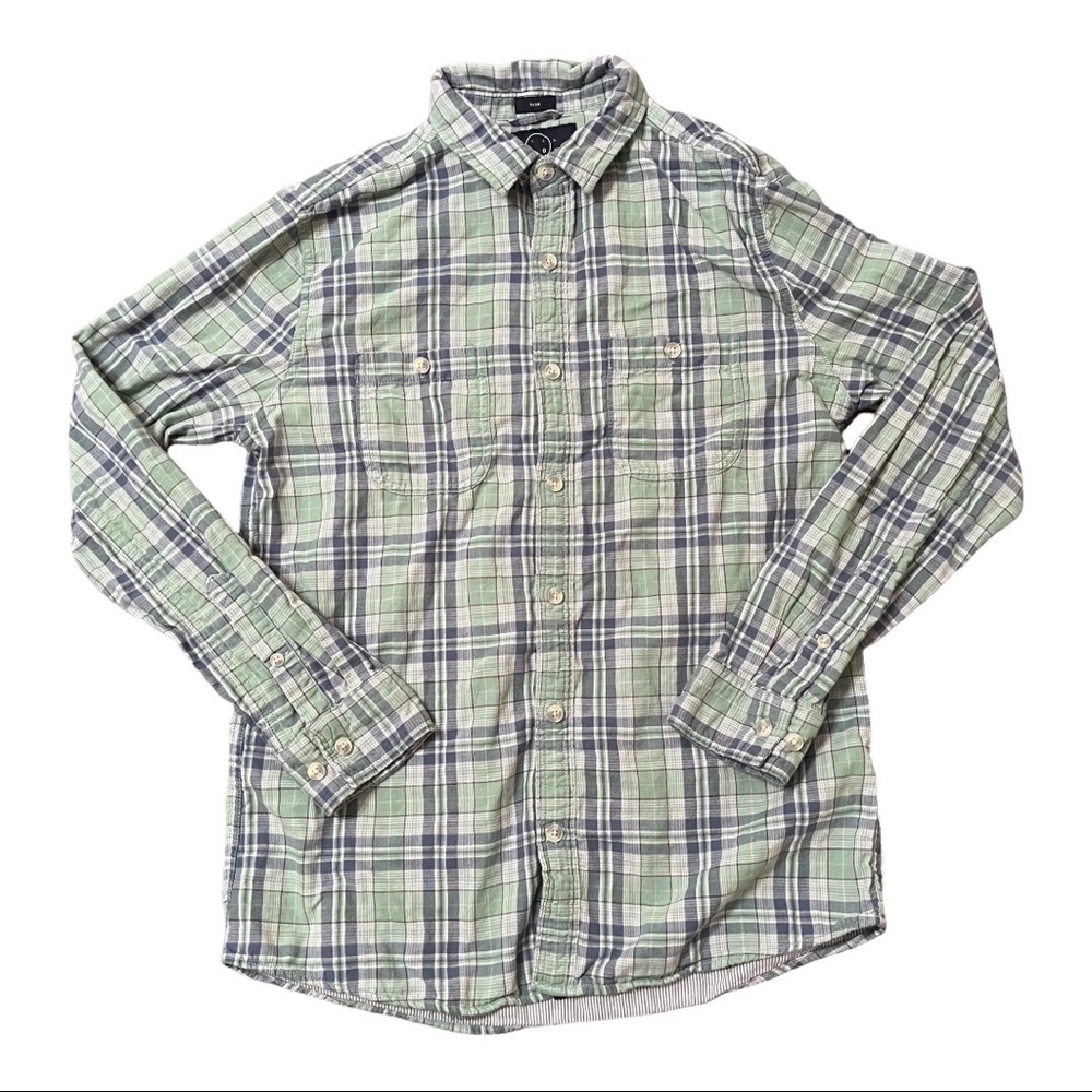 Even Tide Mens Shirt Plaid Long Sleeve Button Down Green Blue Size Medium